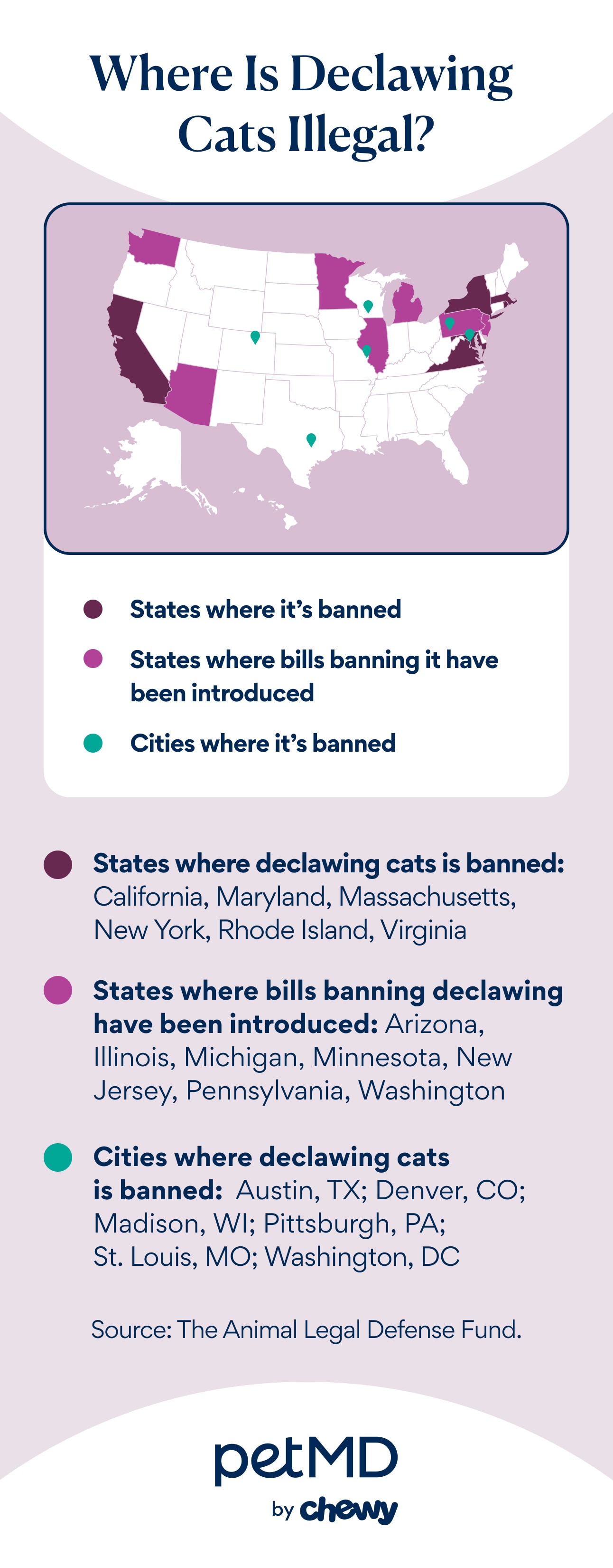 Map of where cat declawing is banned in the US