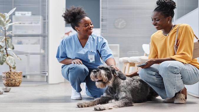 African American woman and her dog chat with a vet inside a vet clinic.