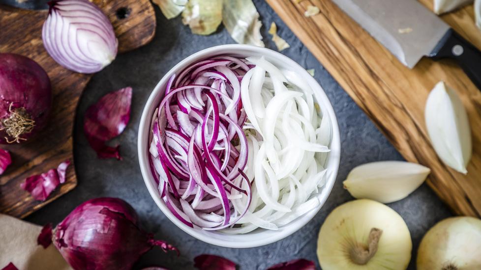 bowl of chopped red and white onions
