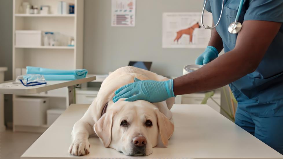 white-lab-laying-on-vet-table