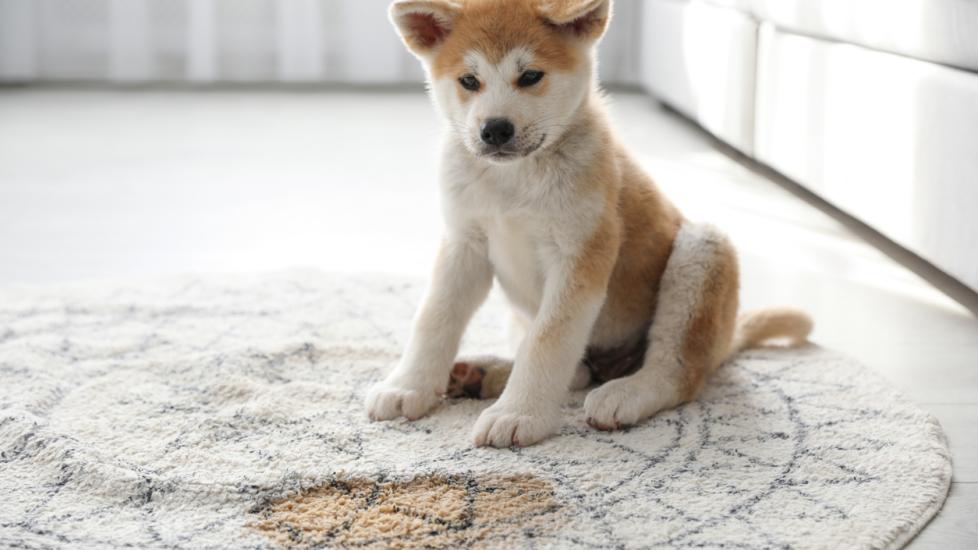 tan and white puppy sitting on a rug with a pee puddle