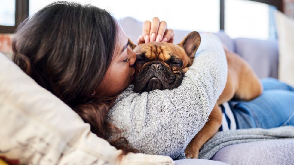 A woman cuddles with her French Bulldog.