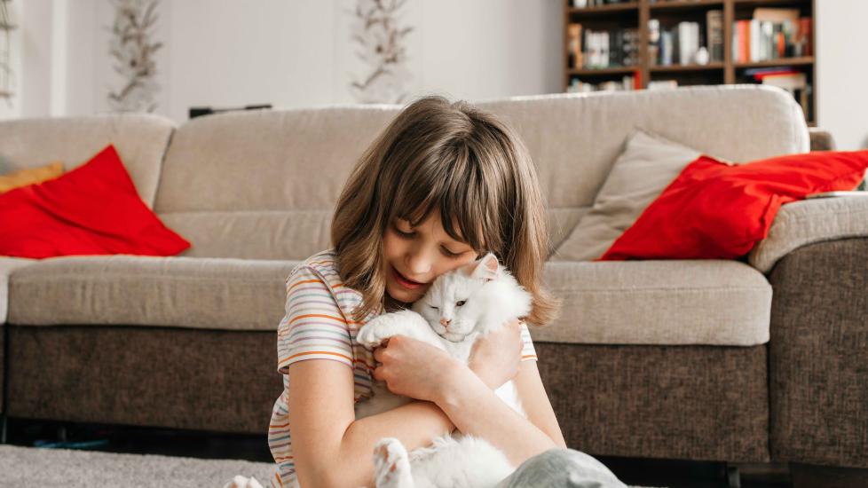 girl hugging a fluffy white cat