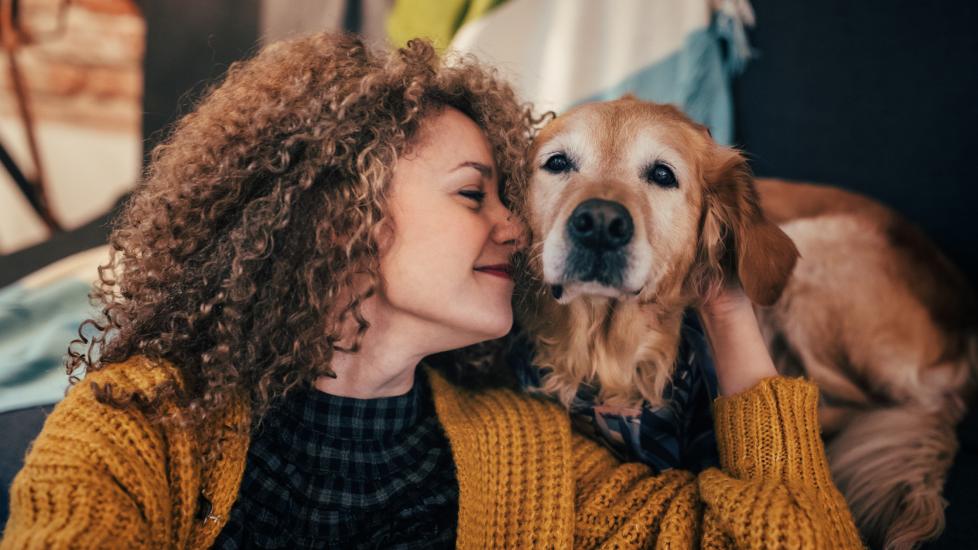 A pet parent snuggles with their dog.