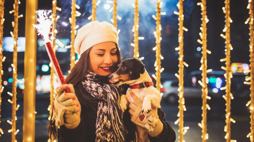 woman holding a small dog and sparkler on new years eve