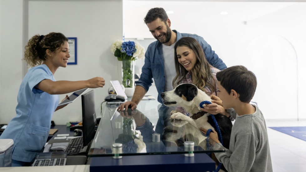 dog greeting vet tech at a veterinarian's office