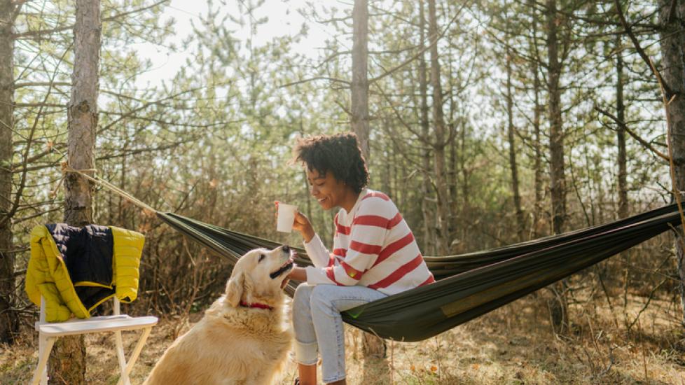 A woman camping with her dog, a Golden Retriever.