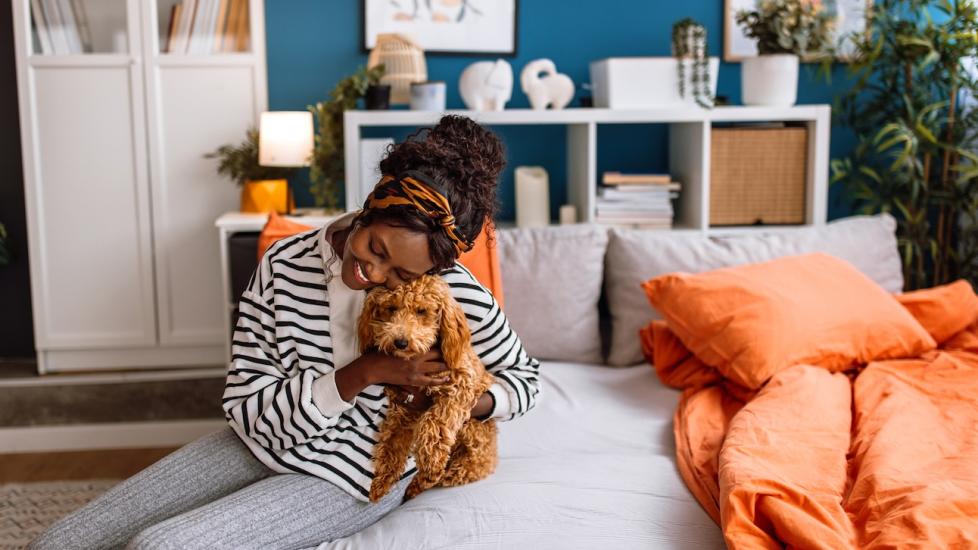 a woman hugging a doodle dog on her bed. Learn what causes pet allergies